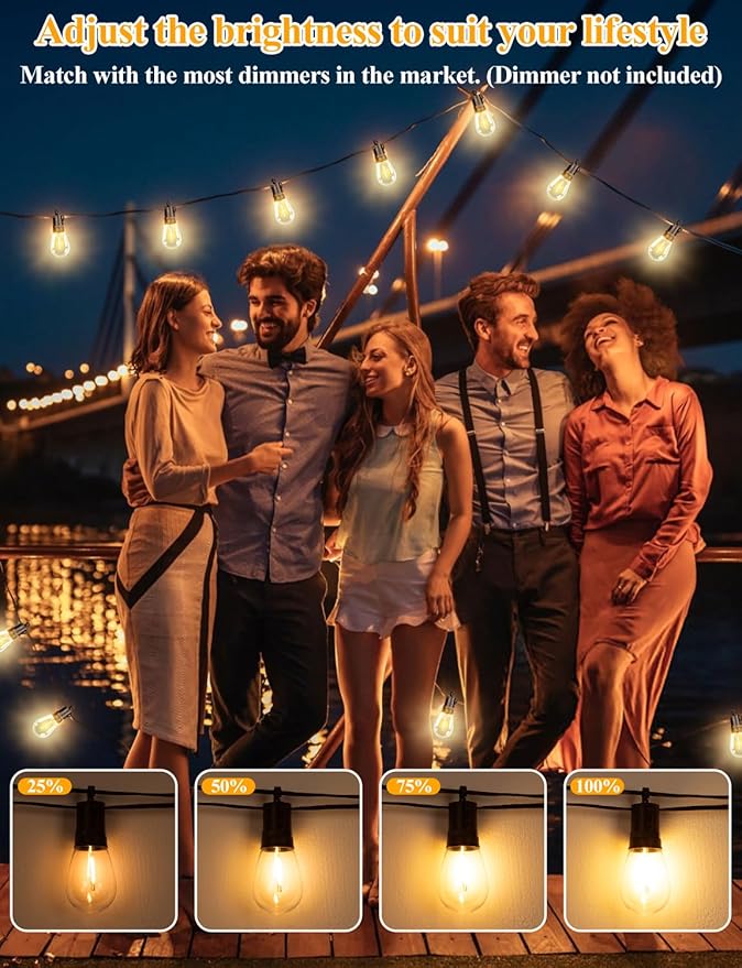 Brightever 25FT Outdoor String Lights Waterproof, LED Patio Lights with 8+1 Shatterproof S14 Edison Bulbs, String Lights for Outside Dimmable, Connectable Hanging Lights for Balcony, Yard, Gazebo