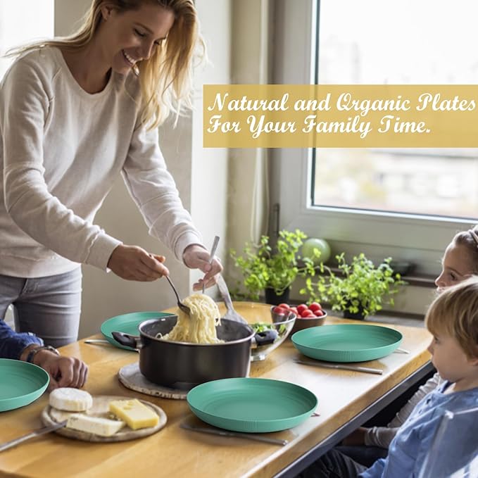 Wheat Straw Plates - 9 Inch Unbreakable Dinner Plates Set of 8 - Dishwasher & Microwave Safe Plastic Plates Reusable for Kitchen and Camping (Green)