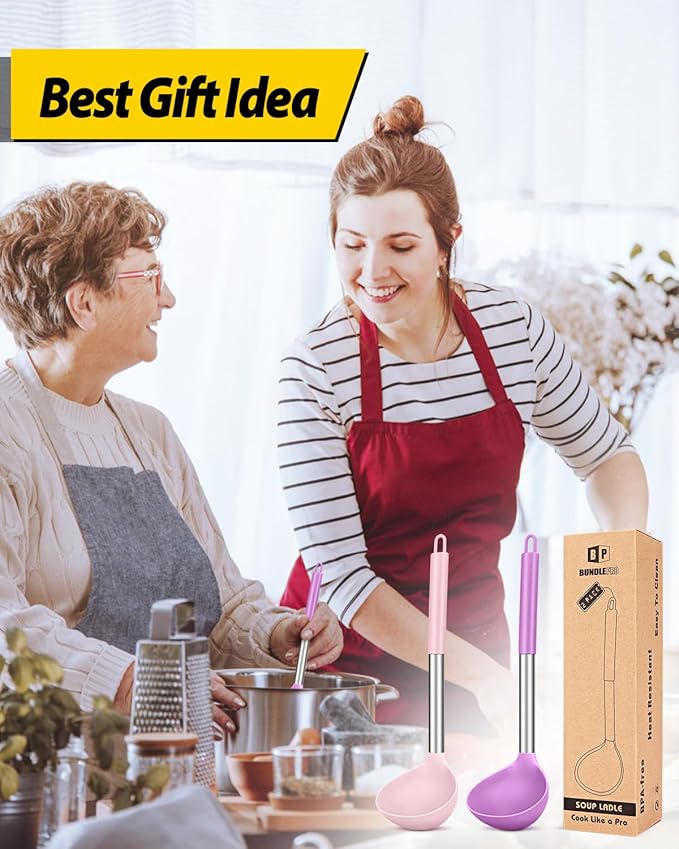 Pack of 2 Ladle Spoon,Silicone Large Spoon for Soup,Non Stick Kitchen Utensils with High Heat Resistant,BPA Free Perfect Kitchen Tools for Cooking, Stirring,Serving Soups (PINK-PURPLE)