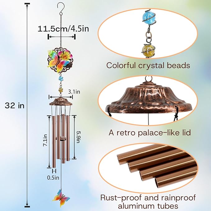 Butterfly Wind Chimes Outdoor Butterfly Gifts for Women/Men/Mom/Grandma/Wife Birthday Gifts Memorial Gift Metal WindChimes for Outside/Indoors, Home, Lawn, Porch, Patio, Garden Decor