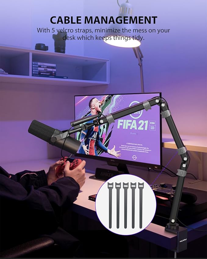 KU XIU Aluminum Alloy Boom Arm Microphone Stand for Desk, Three-Section Adjustable Mic Arm Mount with Cable Management Channels for Desktop Podcasting, Recording, Streaming, Gaming, Home Office-Black