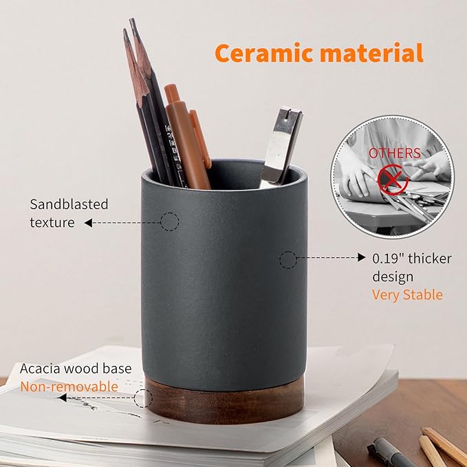 Pen Holder for Desk, Ceramic Pencil Organizer & Makeup Brush Holder, Office Decor and Desk Accessories，Perfect Office Organization,Teacher Supplies (Dark Grey, Set / 1)
