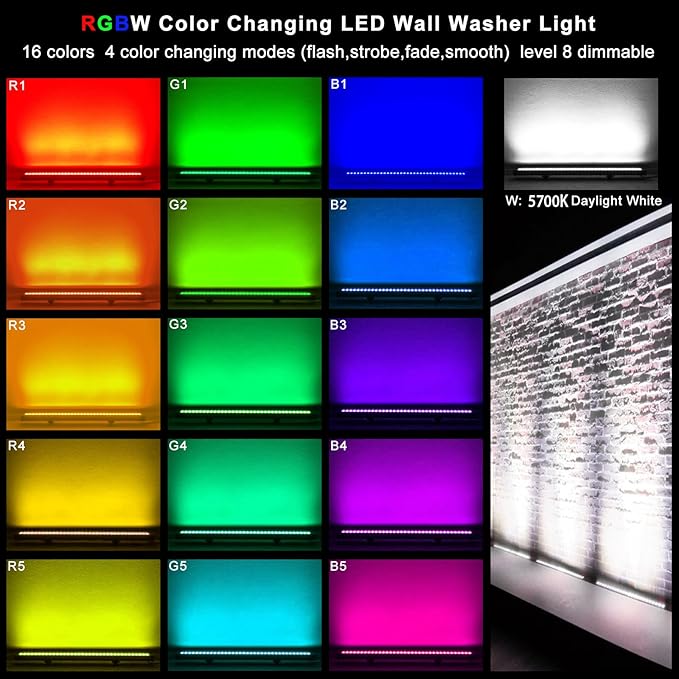 LED Wall Washer Light with RF Remote, 144W RGBW Color Changing Linear Bar Light, AC120V Waterproof RGB Wall Washing Lamp for Outdoor and Indoor Lighting Projects, Plug & Play