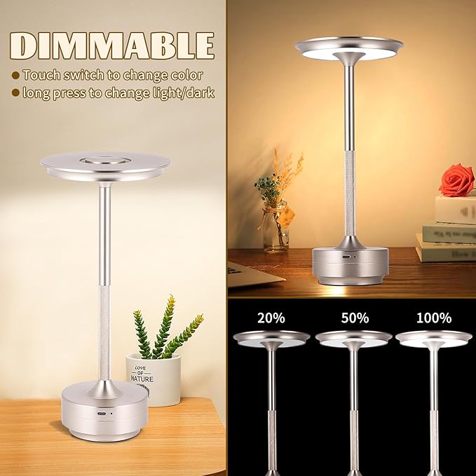 Rechargeable Cordless LED Table Lamps Touch Sensor Light, 3-Levels Portable Dimming Wireless Battery Operated Lamp，Nightstand Lamp/Night Light/Restaurant Table/Outdoor/Coffee/Bar (Silver)