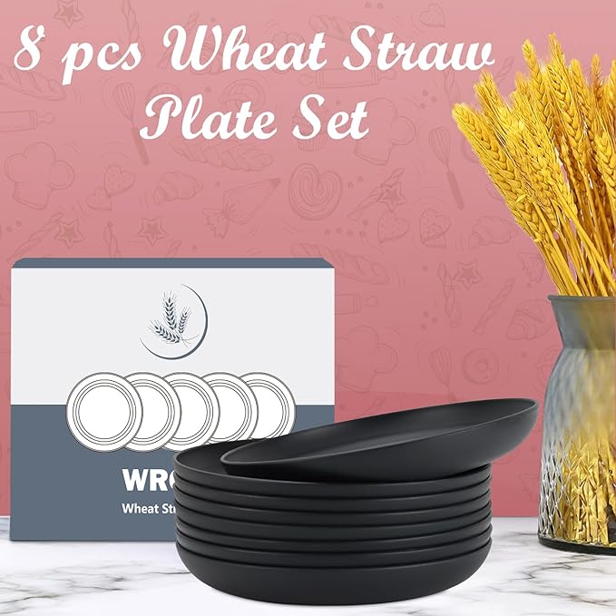 Wheat Straw Plates - 9 Inch Unbreakable Dinner Plates Set of 8 - Dishwasher & Microwave Safe Plastic Plates Reusable - Lightweight Plate for kitchen,camping (pure black)