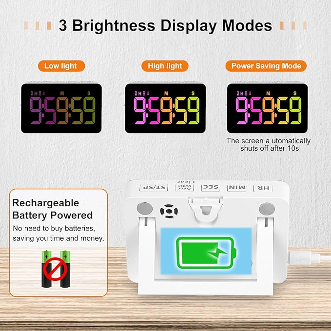 Kitchen Digital Timer, Count Down Up, Rechargeable, Vibration Mode Adjustable Volume and Brightness LED Display, Time Management Cook, Desk, Kids Adults Study Teaching, Kitchen Gadgets