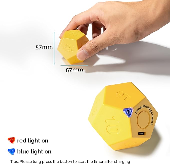 KADAMS Pomodoro Cube Timer Productivity-11 Preset Countdowns, Flip-to-Start Gravity Activation - Sound Vibrate Mute Rechargeable - Ideal for ADHD Kid Kitchen Classroom Cook Study Exercise - Yellow