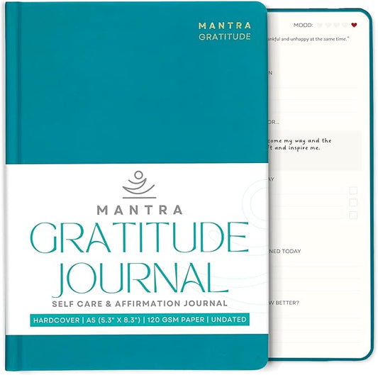 Gratitude Journal For Women & Men - Mental Health, Self Love & Self Care Journal - Teal - 5.8" x 8.3" - Mantra Planner
