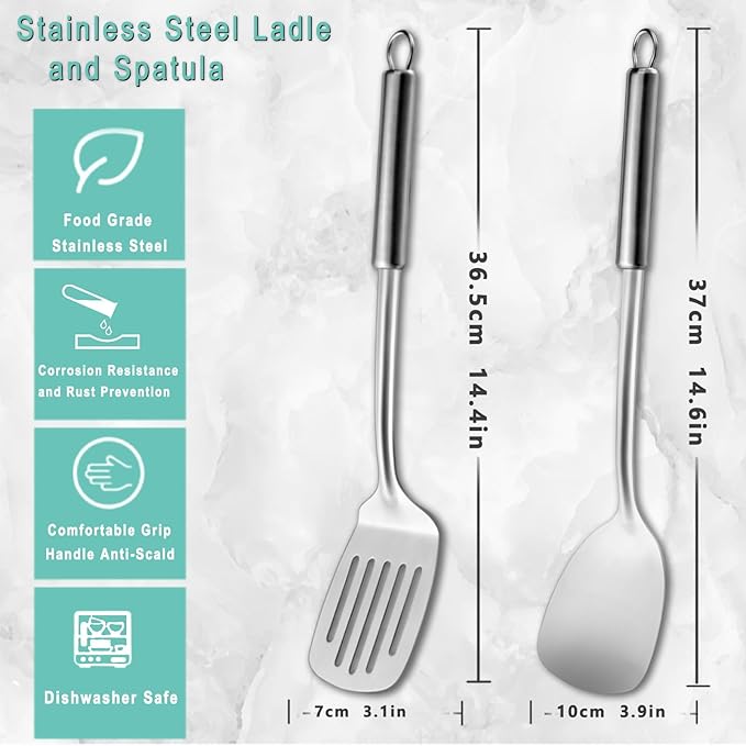 Pleafind 2-Pcs Solid & Slotted Spatula Set, 304 Stainless Steel Spatula, Metal Spatulas, Wok Utensils, Cooking Utensils, Wok Spatulas for Home, Kitchen and Restaurant, Dishwasher Safe