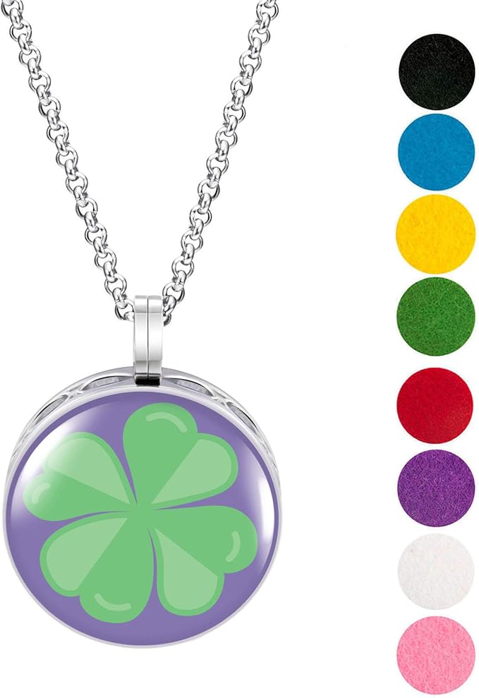 Wild Essentials Four Leaf Clover Enamel Finish Essential Oil Diffuser Necklace Gift Set - includes Aromatherapy Pendant, 24" Stainless Steel Chain, 8 Color Refill Pads