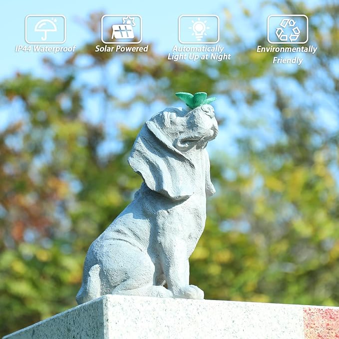 Garden Statue Dog Figurines - Outdoor Dog Statue with Solar Butterfly Lights for Patio Yard Art Decor Balcony Lawn Ornament. Ideal Housewarming Gardening Gifts for Dad Mom