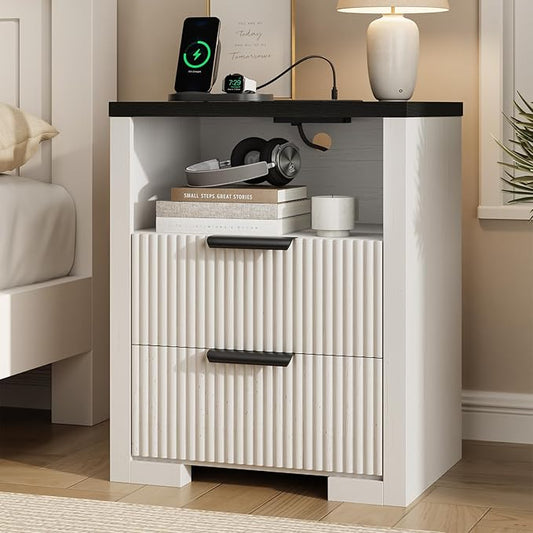Fluted Nightstand with Charging Station, Night Stand with 2 Drawers, End Table with Storage, Bed Side Table for Bedroom, Modern Nightstand for Living Room, White