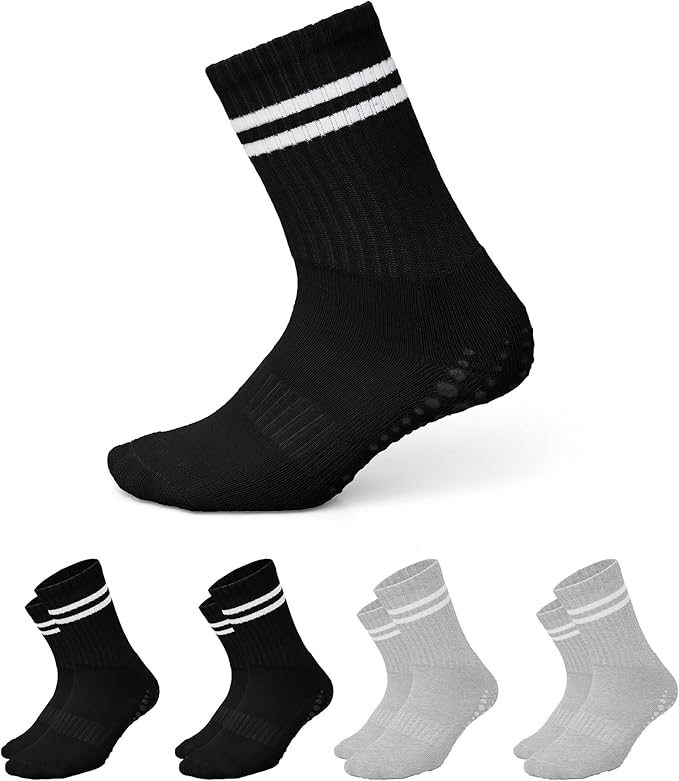 AMELLE Pilates Mid Crew Grip Socks for Women Non Slip – Half Cushioned Striped Yoga Barre Crew Socks with Grips – Anti Skid