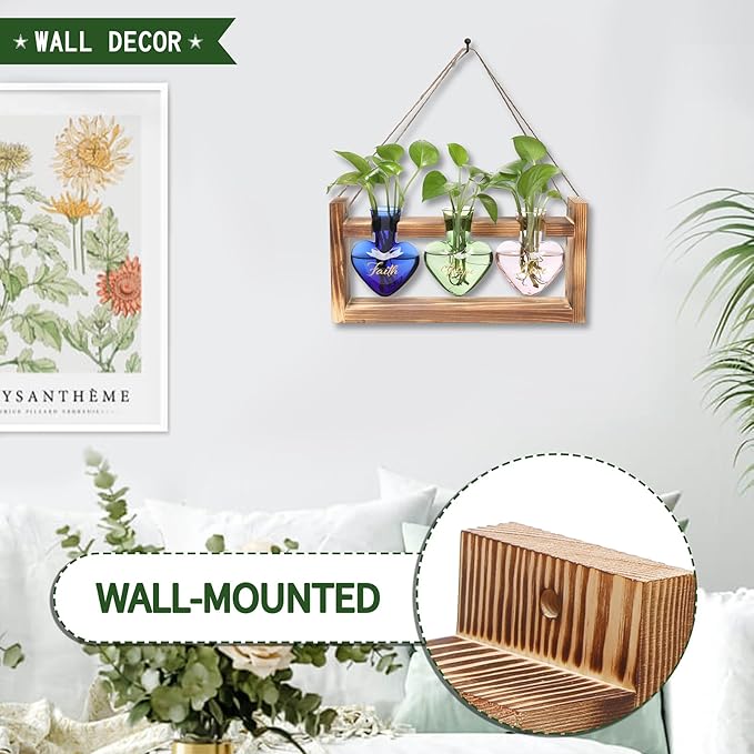 Plant Terrarium Propagation Stations Faith Hope Love Hydroponics Home Garden Decoration Gift for Women with Wooden Stand Heart Shaped Colored Glass Vase