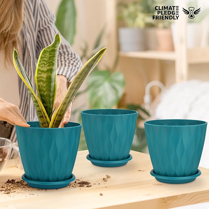 6 inch Plant Pots, 5 Pack Flower Pots Outdoor Indoor, Planters with Drainage Hole and Tray Saucer(Blue