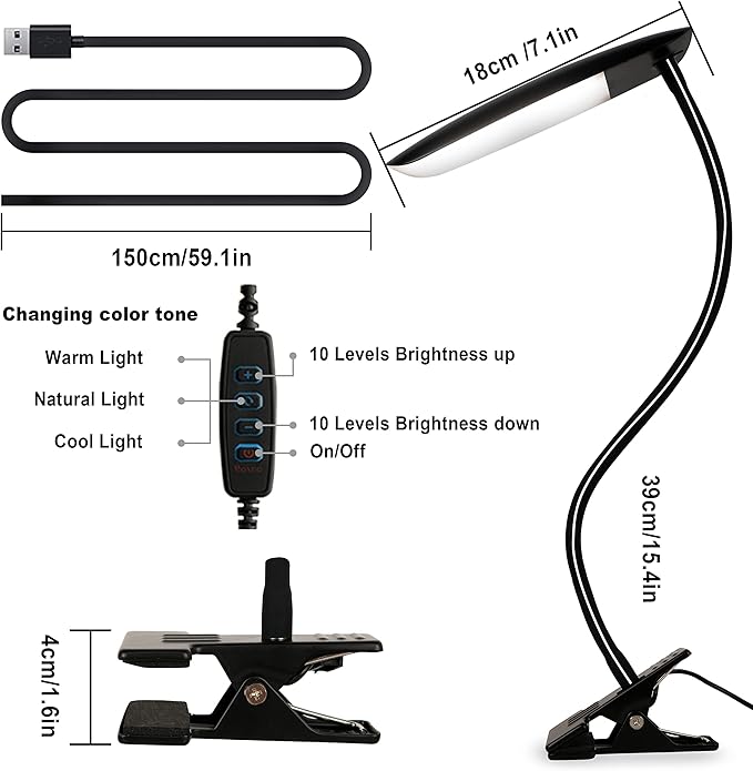 Clip on Lamp USB Reading Light 3 Color Modes 3000-6000K and 10 Brightness 8W 40 LED Flexible Gooseneck Desk Light Clip on Lamp for Desk Eye Caring Bed Lamp for Headboard (No Plug)