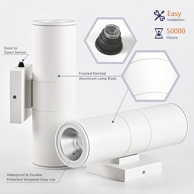 Dusk to Dawn Outdoor Lighting Sensor Wall Lights 2Pack, 12W 2700K Integrated LED Cylinder Up Down Lights Outdoor, IP65 Waterproof Aluminum Exterior Wall Sconce for Porch Patio.