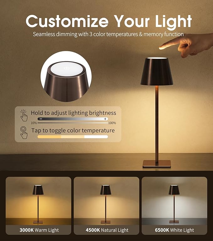 UME 3 Pack Cordless Table Lamp, Battery Operated Lamp - Portable Waterproof Rechargeable Table Lamp w/ 3 Color Temps & Stepless Dimming for Dinner, Desk, Cafe, Outdoor (Brushed Bronze | Coffee Tonal)