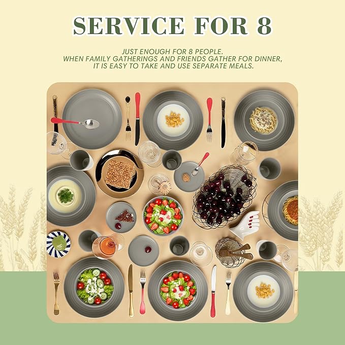 32-piece Kitchen Alternative Melamine Wheat Straw Dinnerware Sets,Unbreakbale Dishwasher Safe Kitchen Bowls and Plates Sets with Cups,Apartment Essential Dishes Set for 8.Grey Series
