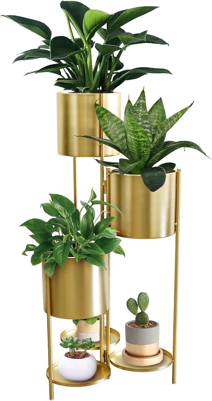 TRIROCKS Metal Plant Stand 6 Tier 6 Potted Indoor Flower Pot Stand Holder Shelf Outdoor Foldable Decorative Storage Shelf Rack for Multiple Potted Plants Patio Garden Living Room Corner(Gold)
