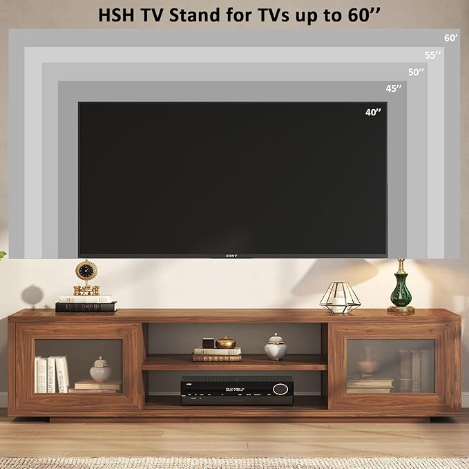 HSH Walnut TV Stand for 60 Inch TVs,Entertainment Center with Storage and Sliding Doors,Farmhouse Tv Stand Wood for Living Room,Low Media Console Cabinet for Bedroom,55 Inch
