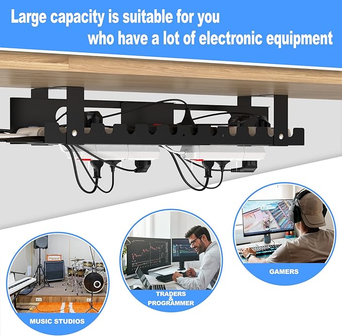 2PACKS Cable Management Under Desk Tray Adjustable Large Under Table Cord Wire Organizer for Standing Desk