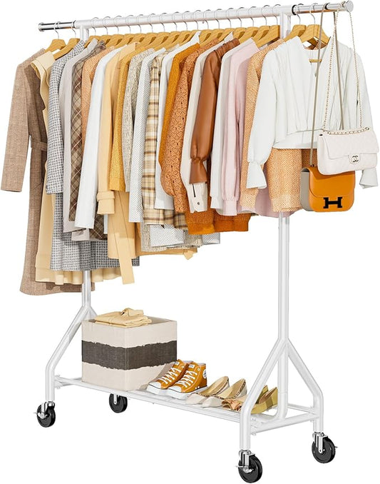 Heavy Duty Clothes Rack Load 450 LBS, Metal Garment Rack, Standing Rolling Clothing Rack for Hanging Clothes with Sturdy Wheels & Shelves, Portable Closet Wardrobe Rack,White