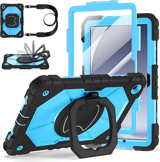 Case for Samsung Galaxy Tab A9 Plus 11 Inch 2023(SM-X210/X216/X218), Auorld Rugged Case for Samsung Galaxy A9+ Tablet with Screen Protector 360 Rotating Stand Shoulder Strap Pen Holder, Black Blue