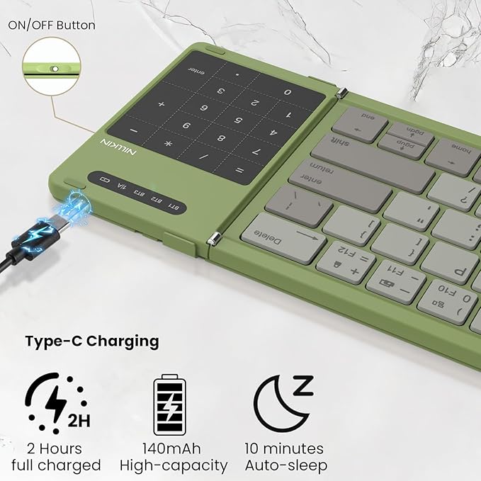 Nillkin Pocket Foldable Wireless Keyboard with Touchpad Numerical Pad for Travel Meeting for iPad Tablets Phone Laptop PC, Full Size (Small) Magnetic Folding Keyboard (Green)