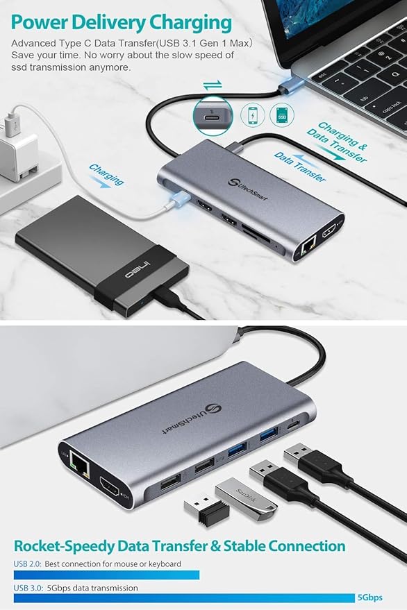 UtechSmart USB C Hub, 3 HDMI Docking Station Triple Display 12 in 1 USB C Laptop Adapter with 4K HDMI PD3.0 SD TF Card Reader Gigabit Ethernet for MacBook Pro/Air/M1/M2 & Windows