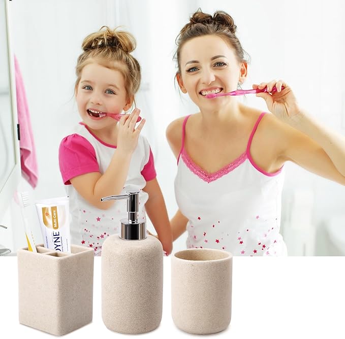 Resin 6 Pcs Beige Bathroom Set Complete with Toothbrush Holder, Lotion Soap Dispenser, 2 Qtip Holder Dispensers,Vanity Tray,Bathroom Tumbler - Countertop Vanity Organizer - Bathroom Accessories Set