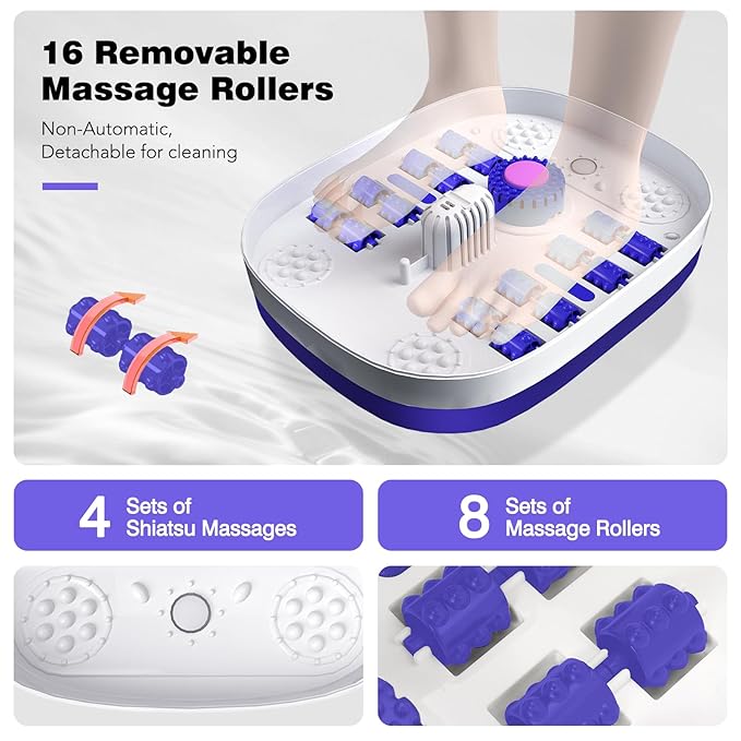 Collapsible Foot Spa with Heat, Remote Control, Temperature Control, Bubbles, Pumice Stone, Red Light, Timer, 16 Massage Roller Pedicure Foot Bath Tub Foot Soaker for Feet Stress Relief, Purple
