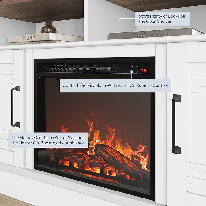 BELLEZE 48" TV Stand with 18" Electric Fireplace Heater, Modern TV Stand for TVs up to 50", Entertainment Media Stand with Open Shelves and Storage Cabinets for Living Room, Bedroom (White)