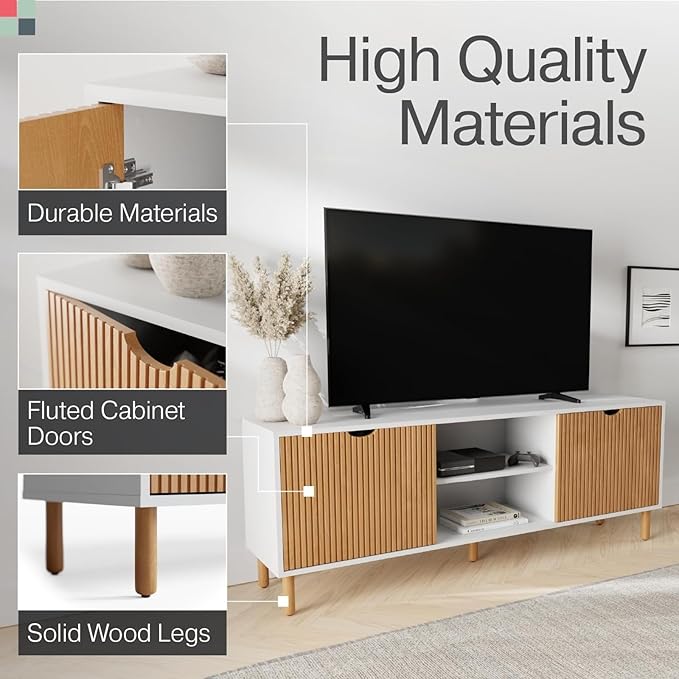 Fluted TV Stand - Media Console & Console Table with Cord Management - Soft-Close Doors & Adjustable Shelves Storage Cabinet - Living Room Entertainment Center - 70-Inch White & Oak