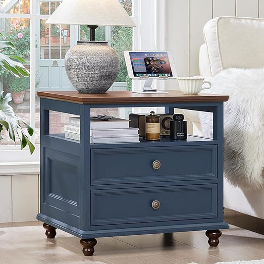 24" Wide Farmhouse Night Stand,Large End Table with 2 Drawers & Metal Handle,Wood Dresser for Bedroom, Blue Bed Side Table Chest of Drawers Cabinet,Nightstand for Living Room,Closet