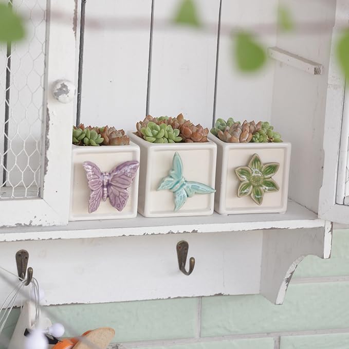 Succulent Plant pots with Tray: Small White Succulent Square Plant pots for Home Office Housewarming - 3.1 inch Geometric Cactus Holder with Drainage and Tray-Suitable for Desktop Storage