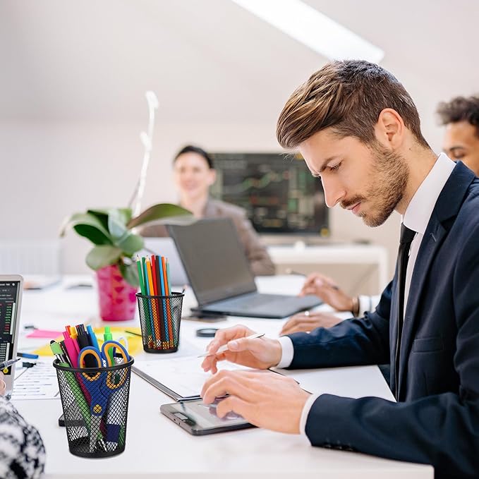 12 Pack Metal Mesh Pen Holder, Black Round Pencil Cup Organizer for Desk, Office, Classroom, 2.6"x3.5"x4.2" Size