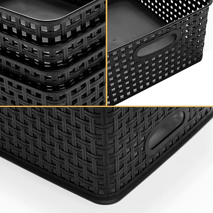 Plastic Storage Baskets for Organizing,11"X8.5"X4.7",Pack of 4 (Black)