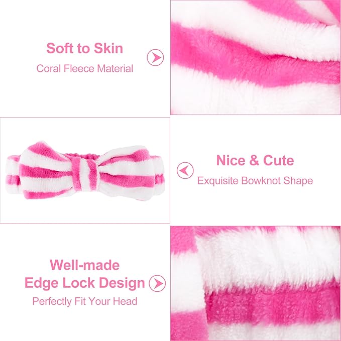 Ondder 8 Pcs Striped Spa Headband, Fuzzy Skincare Headbands for Women - Multipurpose Hair Band for Washing Face, Makeup, Facial, Yoga - Fleece, Terry Cloth, Microfiber, 8 Count Pack