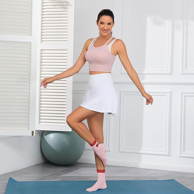 Cute Pilates Socks with Grips for Women Ruffle Cuff Embroidery Non Slip Yoga Socks for Workout, Barre, Pilates Gifts