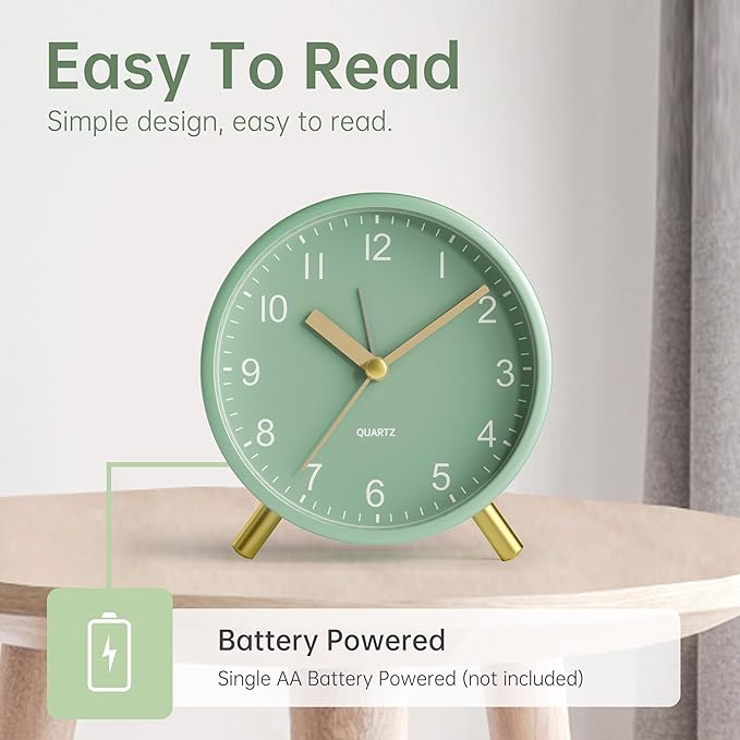 Analog Alarm Clock, 4 inch Super Silent Non Ticking Small Clock with Night Light, Battery Operated, Simple Design, easy setting for Office, Bedroom, Bedside, Desk, teens, elders, kids, adult, Green