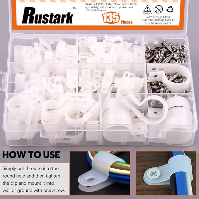 135 Pcs Cable Clamp 6 Size White Nylon R-Type Cord Wire Organizer Clips Fasteners Assortment kit with 135 Pack Screws for Wire Management