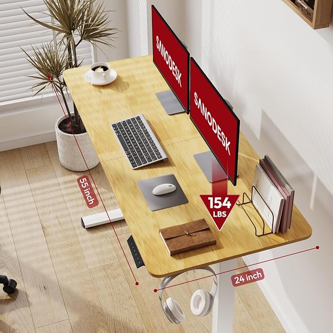 SANODESK Electric Standing Desk 55x24 Inch Height Adjustable Stand Up Desk Home Office Computer Workstation Sit Stand Home Office Desk with Splice Board (White Frame + Maple Top)