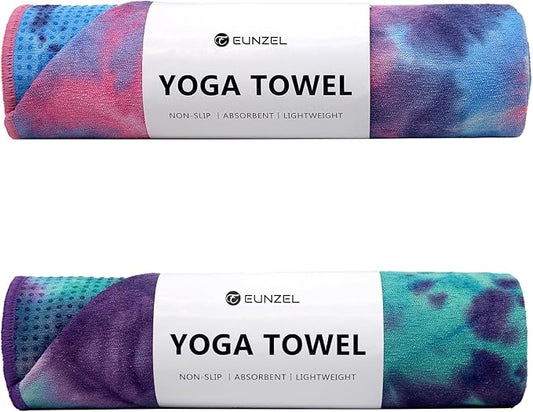 Eunzel 2 Pack Hot Yoga Towel with Grip Dot, Non Slip Yoga Mat Towe Sweat Absorbent Towel for Hot Yoga,Bikram, Pilates and Fitness 72" x 24", Purple & Pink/Green & Purple