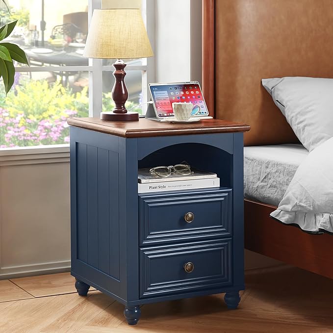 18" Farmhouse Night Stand with Charging Station, Blue Wood Nightstand with 2 Drawers, Bedside End Table with Shelf Storage, Bed Side Tables Cabinet for Bedroom, Living Room, and Closet