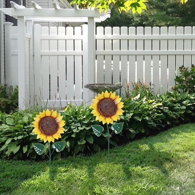 hogardeck Garden Decor for Outside, 2 Pack Sunflower Decorative Garden Stakes for Spring Outdoor Yard Decor, Metal Yard Art with Shaking Head for Garden Lawn Porch Decorations