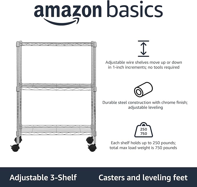Amazon Basics 3-Shelf Adjustable, Heavy Duty Storage Shelving Unit on 2'' PP Plastic Wheel Casters, Metal Organizer Wire Rack, 23.2" L x 13.4" W x 32.75" H, Chrome
