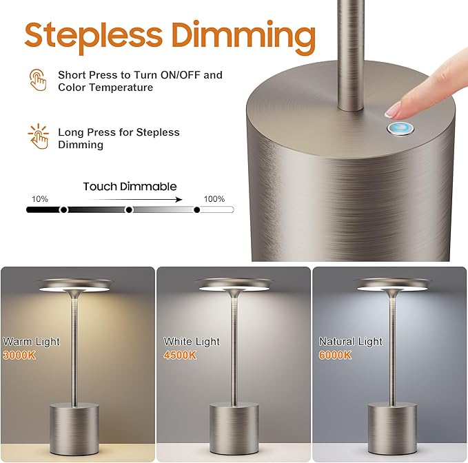 Cordless Table Lamp, Portable Rechargeable 6000mAh Outdoor Table Lamp, 3 Color Stepless Dimming Battery Powered Lamp, LED Table Light for Dinner/Bedroom/Restaurant/Outdoor (Silver)