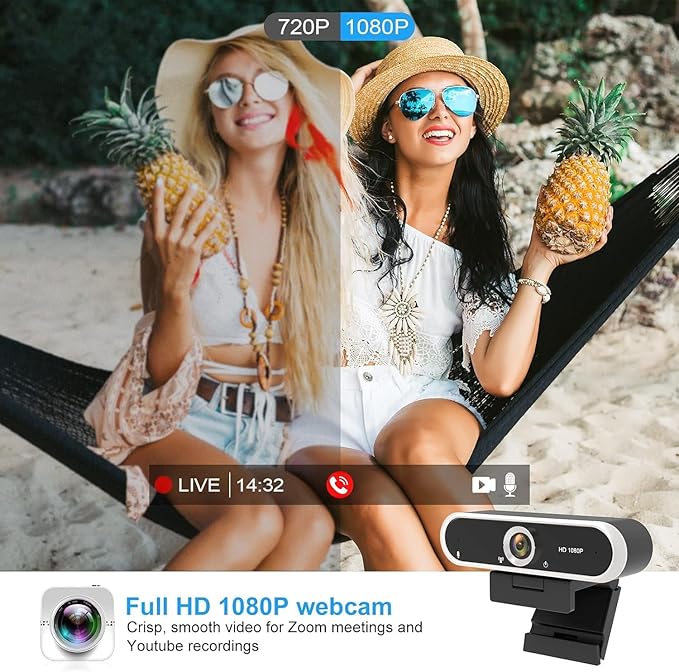 Webcam 1080P with Microphone and Webcam Cover Plug and Play with Auto Light Correction for Laptop PC Desktop for Live Streaming Video Call Conference