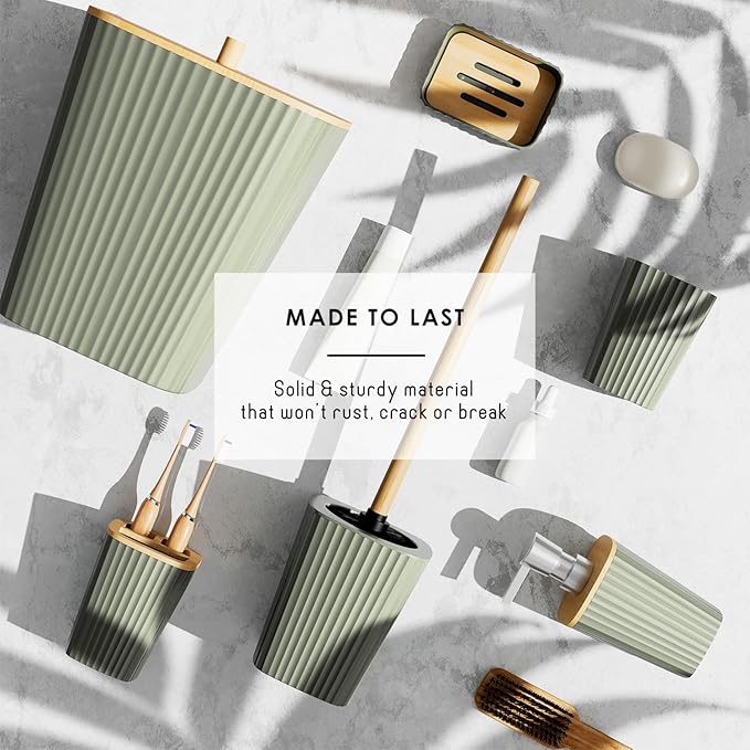 Clara Clark Bathroom Accessories Set - Sage Green Bathroom Set, 20PC Bathroom Accessory Set, Shower Curtain Set, Toilet Brush, Trash Can & Soap Dispenser